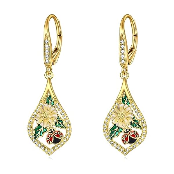YFN Mariquita Pendientes Plata de Ley Margaritas Flor Dangle Drop Pendientes Moda Joyería Regalos Mujer Adolescente Niña, Normal, Plata de ley, No es una piedra preciosa