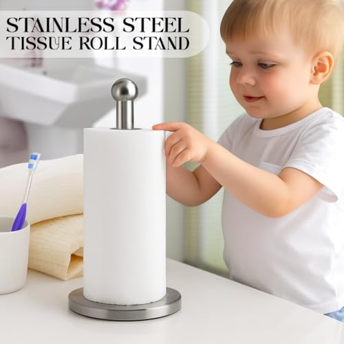 Image of Vintageware Tissue Paper Holder Countertop, Standing Tissue Paper Roll Holder for Kitchen Bathroom, Paper Towel Holder Stand with Weighted Base, Stainless Steel Tissue Paper Holder (Silver, Style-1)