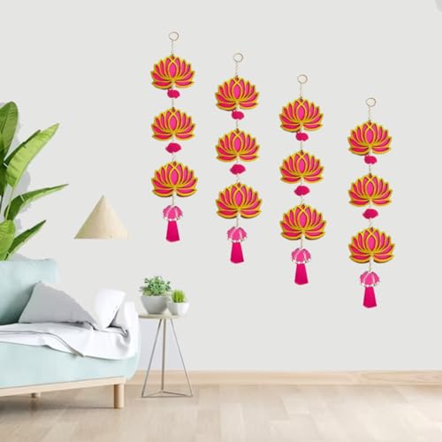 GIFT JAIPUR 3 Tier Set of 4 Strings Pink Lotus Wall Hanging Gift Decorative Showpiece for Diwali Ganesh Chaturthi Pooja Home Door Decor Temple Marriage Wedding Stage Decoration (20 Inch Length)