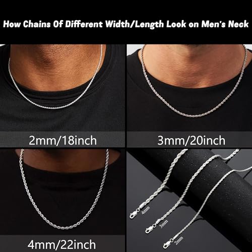 RANKEEF 2/3/4mm Rope Chain Necklace for Men - Silver Necklace18/20/22 Inches Chain for Waterproof Sturdy & Shiny Twist Rope Necklace Gifts for Men & Women Husband Boyfriend3