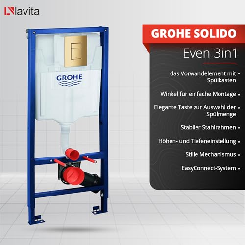 Lavita Vorwandelement Solido + Wand Hänge WC Lago Weiß Spülrandlos + WC Sitz mit Absenkautomatik Goldener Knopf Komplettset Unterputz Spülkasten Toilette Komplett Sett WC – Bild 4