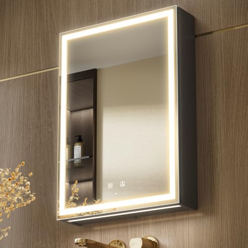 KWW LED Beleuchtetes Badezimmer Medizin Kabinett mit Spiegel, Farbtemperatur Einstellbar, Anti-Nebel Dimmbare Lichter, Steckdosen für USBs (Linkes Scharnier–50×70)