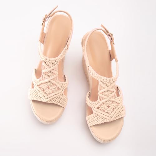 Image of Women's Woven Espadrille Wedge Sandals Bohemian Braided Open Toe Summer Shoes with Adjustable Strap 3.9 inch Platform Heel for Wide Feet, Comfortable Walking