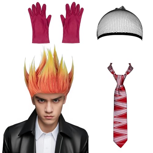Xnetsby 4 Pcs Halloween Angry Costume Include Flame Wig Hair Cap Stripe Tie Gloves for Men Women Dress up