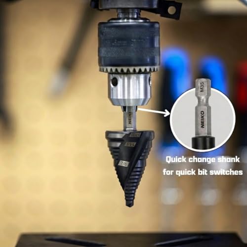 Image of NEIKO 10637B Step Drill Bit, 3 Steps 7 /8 inch to 1-7 /32 inch Spiral M35 Cobalt, AlTiSiN Coated, 1 /4 inch Quick Change Step Bits for Steel, Metal, Wood, Plastic, Unibit Cone Drill Bits, Two Flute