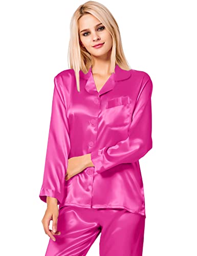 Image of SWOMOG Long Sleeve Pajamas Set Silk Satin Sleepwear Button Down Pjs Loungewear with Pocket