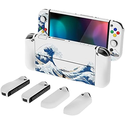 PlayVital AlterGrips Protective Slim Case for Nintendo Switch OLED, Ergonomic Grip Cover for Joycon, Dockable Hard Shell for Switch OLED w/Thumb Grip Caps & Button Caps - The Great Wave off Kanagawa Cover