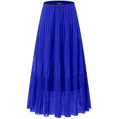 NASHALYLY Boho Gypsy Long Maxi Tiered Skirt - Chiffon Elastic High Waist Pleated A-Line Flared Skirts(Lake Blue, L) Cover