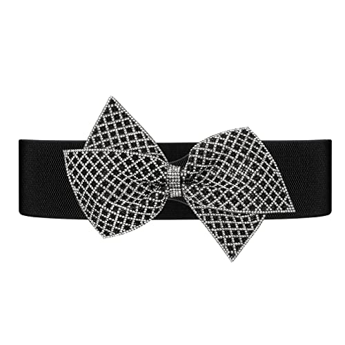 Women Dress Belts Rhinestone Bow Belt Wide Elastic Stretchy Cinch Waist Belt for Women Ladies Dresses