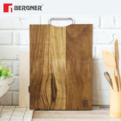 Image of Bergner Wooden Chopping Board for Kitchen (15'' x 10''), Acacia Wood, Incredibly Durability, Smooth Cutting Board, Odour and BPA Free, Naturally Organic, Smooth Surface, Easy to Clean