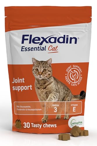 Flexadin Essential Joint Care Supplement for Cats containing Glucosamine, Chondroitin, Omega 3, Vitamin E & Devil’s Claw/Promoting long-term joint health, mobility & flexibility / 30 chew pack
