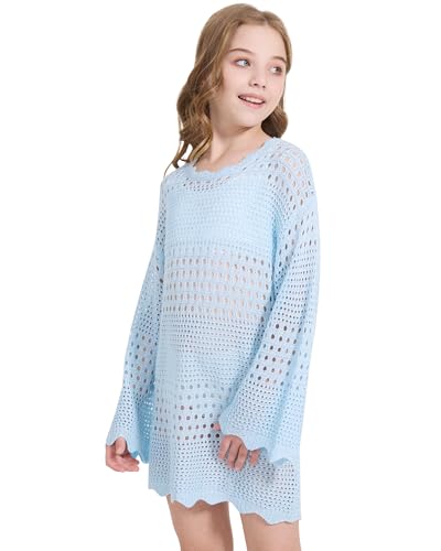 WULFUL Girl's Crochet Long Sleeve Swimwear Cover Up Summer Beach Dress Swimsuit2