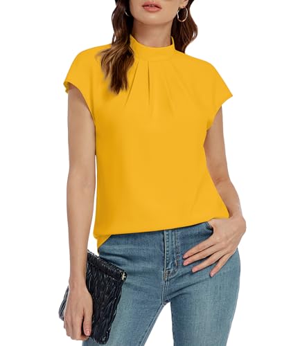 Image of Funlingo Womens Summer Tops Mock Neck Short Cap Sleeve Blouses Business Casual Work Chiffon Shirts Front Pleated Tunic Top