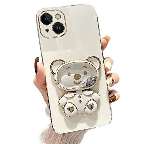 Rnrieyta Miagon Orso Specchio Cavalletto Custodia per iPhone 13,Elettrolitico Sabbie Mobili Glitter Cover Morbida Sottile Silicone Protettiva Case con Specchio Stand Supporto