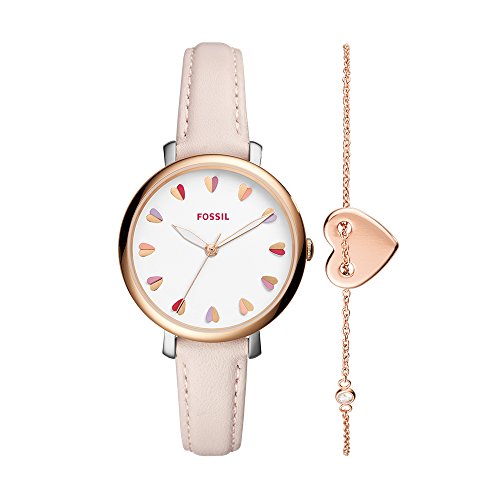 Fossil Women's Jacqueline Stainless Steel Quartz Watch with Leather Calfskin Strap, Rose Gold, 14 (Model: ES4351SET)