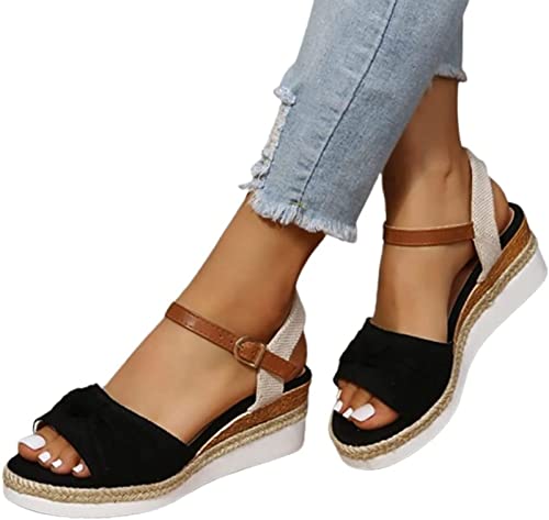 OMIREL Women's Platform Sandals Open Toe Ankle Strap Sandals Shoes Open Toe Buckle Wedge Sandals Espadrille Wedge Sandal Bow Top Outdoor Roman Slippers Casual Beach Walking Shoes,Black,US11/EU42