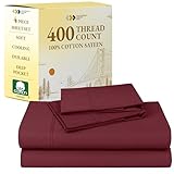 400 Thread Count 100% Cotton Sheet Set, Red Wine Queen Size Sheets, Highest Quality Long-staple Combed Pure Natural Cotton Bed Sheets For Bed, Soft Sateen Sheets Fits Mattress Upto 18'' Deep Pocket