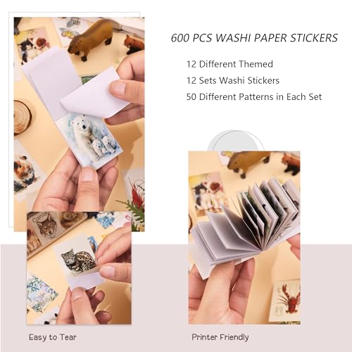 Image of 12 Sets 600 Sheets Washi Stickers Book for Journaling, Jungle Animal Sticker, Wild Zoo Sea Animal Aesthetic Scrapbook Dinosaur Sticker Set for Bullet Journal Card Craft Gift Rewards for Kid Notebook