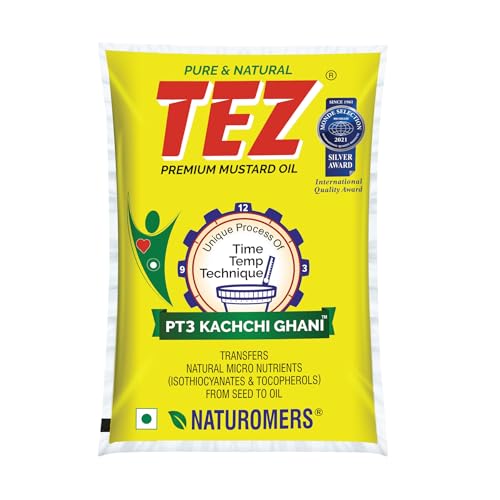 Image of Tez Mustard Oil for Cooking 1L Pouch | PT3 Kachchi Ghani Sarson Ka Tel | 100% Pure & Natural Oil | Promotes Gut Health with Antibacterial & Antifungal Benefits | Supports Good Health
