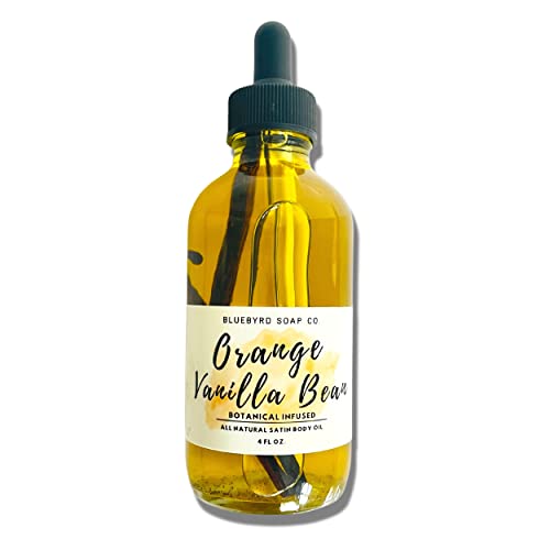 Bluebyrd Soap Co. Orange Vanilla Bean Body Oil | Non-Greasy & Fast Absorbing For Satin Skin | Anti-Aging Hydration Oil For Dry Skin | Multi-Use Lightweight Vanilla Oil For Body, Hair, Cuticles | Organic Shea, Jojoba, & Coconut Oil | Vegan & Natural With Anti-Aging Properties -4Oz (Vanilla) #TOP24