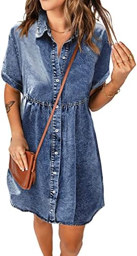 luvamia Women Casual Denim Babydoll Dress Short Sleeve Button Down Short Jean Dress Country Concert Outfits for Women Nashville Outfits for Women Summer Dress for Women Reef Blue Size Medium