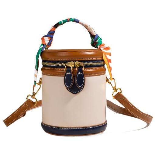 Retro Bucket Bag Female PU Leather Color Contrast Cylinder Shoulder Round Bag Handle Handbag Purse