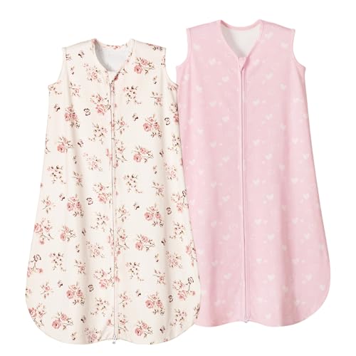 Image of david's kids 2 Pack 100% Organic Cotton Baby Sleep Sack 0-6 Months, Ultra Soft Baby Wearable Blankets with 2-Way Zipper, Comfy Sleep Sack for Infant Newborn Girls Neutral, Small Size, Floral Heart