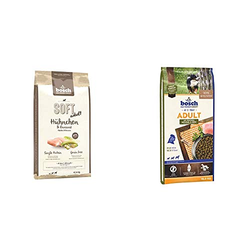 Bosch HPC Soft Hühnchen & Banane | halbfeuchtes Hundefutter für ausgewachsene Hunde Aller Rassen | 1 x 12.5 kg & HPC Adult mit frischem Geflügel & Hirse | Hundetrockenfutter, 1 x 15 kg