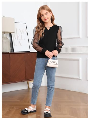 Image of WDIRARA Girl's Cut Out Round Neck Mesh Puff Long Sleeve Blouse Casual Top