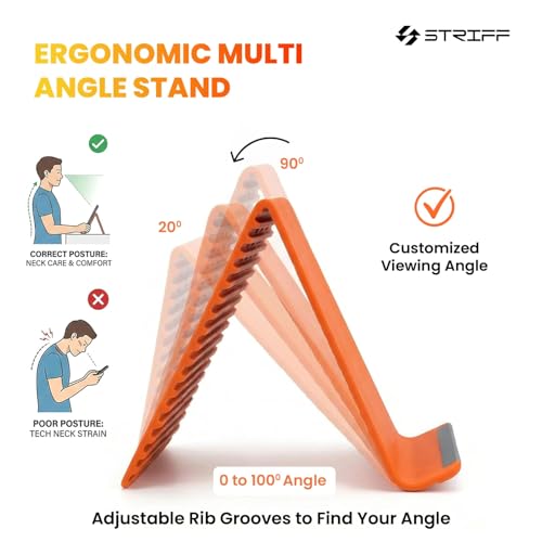 Image of STRIFF Dynom Foldable Mobile & Tablet Stand for Desk, Adjustable Multi-Angle Phone Holder with Hanging Screen Clip, Portable Anti-Slip Silicone Aluminum Stand for Smartphones, Tablets & Laptops-Orange