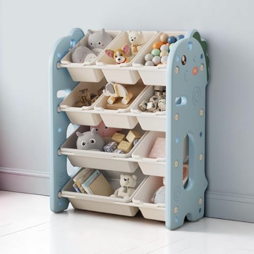Image of oddpod Dino Kids Toy Organizer Storage Racks with Bins, Cute Cartoon Montessori Plastic Bookshelf for Children & Bedroom Shelf for Baby Hardline Toys, Books, Clothes & Games - Blue (8+2 Bins)