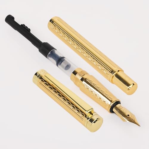 Image of 20818 Glossy Fountain Pen Golden Self Designer Metal Body Golden Crafted Clip with Ink Converter Pen for Student, Executives with High End Gift Box. (FINE NIB)