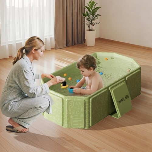 Image of Toddler Bath Tub for Shower, Portable Baby Bathtub, Foldable Kids Bathtub - Portable, Travel & Shower Ready, Easy to Clean, Sturdy & Thick, Fits Ages 1-3, Green
