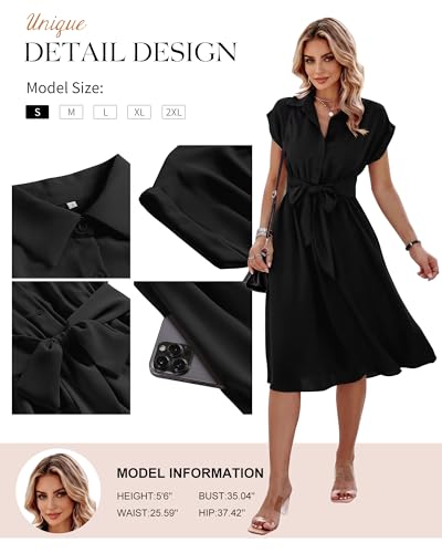 Image of ECOWISH Womens Casual Midi Dresses Solid V Neck Short Sleeve Button Shirt Belted Dress with Pockets for Spring Summer 2026