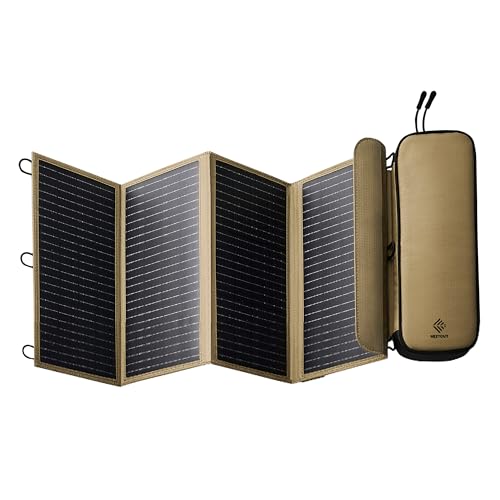 Image of NESTOUT Portable Solar Panel, USB-C and USB-A Ports, 28W Solar Charger for Camping, Water Repellent Ripstop Nylon, Foldable Compact Design, Digital Ammeter, Adjustable Stand, Beige (4 Panel)