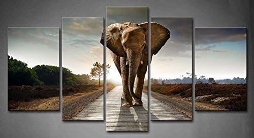 5 Panel Wall Art Elephant Walking in A Road with The Sun from Behind Painting Pictures Print On Canvas Animal The Picture for Home Modern Decoration Piece (Stretched by Wooden Frame,Ready to Hang)