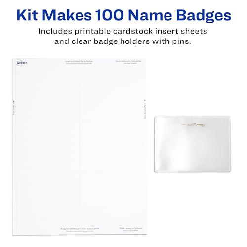 Image of Avery Customizable Name Badges, Pin Style, Clear Name Tag Holders, White Laser /Inkjet Printable Inserts, (74540), 3 inch x 4 inch (Pack of 5)
