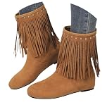 UK 5.5 Fringe Tassel Flat Ankle Cowboy Boots for Women Short Cowgirl Booties Western Fringed Ankle Boots Rivet Suede Flats Pull on Dress Booties Fall Winter Shoes Brown Footwear
