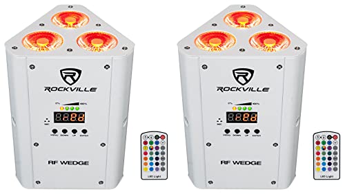2 Rockville RF Wedge White RGBWA+UV Battery Wireless DMX DJ Up Lights+RF Remotes
