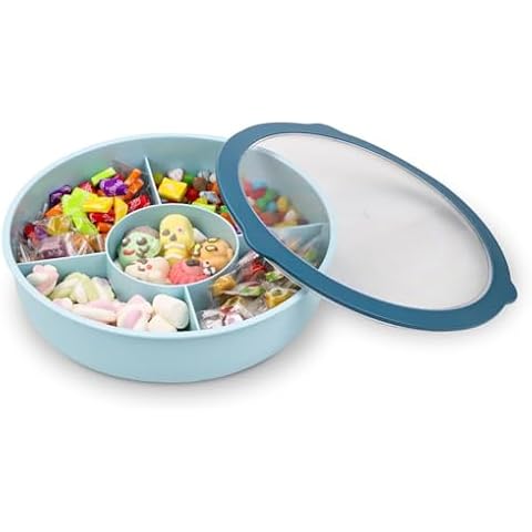 Bugucat Snackle Box Container,Divided Serving Tray with Lid,Multi-Purpose Snack Box with Clear Lid,5 Compartment Tray,28.2 x 28.2 x 8.5 cm,Snackle Box for Party Travel Picnic(Blue) Cover