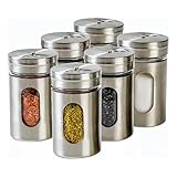 Kit 6 Porta de Temperos Saleiro Pimenteiro Inox e Vidro Conjunto Premium Aço Inoxidável com Visor Tampa Giratória 3 níveis para Condimentos de Cozinha