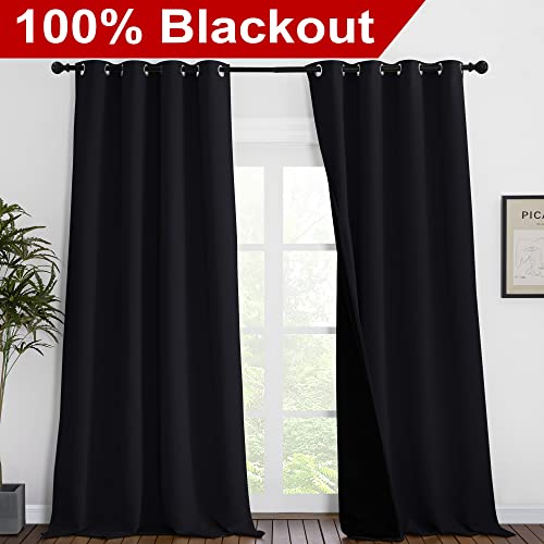 Image of NICETOWN Extra Long Truly Blackout Drapes for Hall and Villa, 100% Blackout Window Curtain Panels with Black Lined for Night Shift Worker, 55-inch Width Each Panel, 102-inch Length, Black, 2 Pieces
