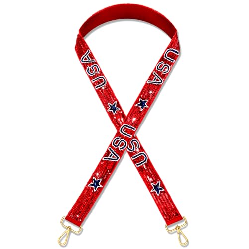 Image of Beaded 4th of July Purse Strap USA Purse Strap Replacement Red White and Blue Patriotic Crossbody Shoulder Bag Straps 4th of July Outfits (Style F)