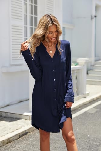 Ekouaer Womens Button Down Nightgown Long Sleeves Sleepwear V Neck Nightgowns for Women4