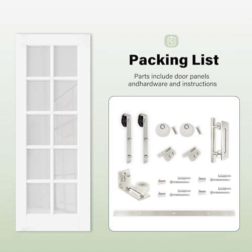 Image of 36 inch x 80 inch 10-Lite Tempered Clear Glass Barn Door with 72 inch Track Kit, Solid Core MDF Sliding Barn Doors for Closet Kitchen Bedroom, Excellent Sound & Thermal Insulation, Nickel-Plated Hardware Kit