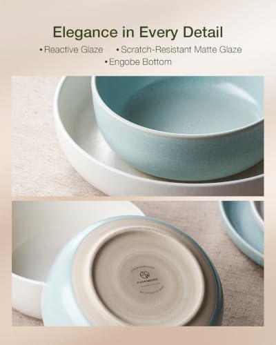 Image of Famiware Milkyway Plates and Bowls Sets, 12 Pieces Dinnerware Sets, Reactive Glaze Dish Set, Stoneware Dishes Set for 4, Matte Beige White & Light Blue