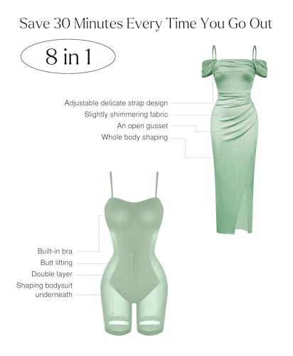 Image of Popilush Wedding Guest Dresses for Women Off Shoulder Shapewear Maxi | Multi-Way Wear, Built in Bra, Light Tummy Control, Ruched Satin Formal Cocktail Evening Bridesmaid Dress
