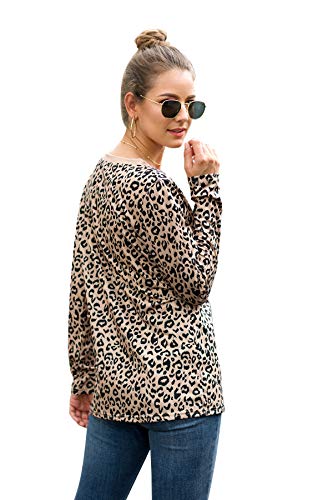Coffee Casual Cute Shirts Leopard Print Tops Basic Long Sleeve Soft Blouse