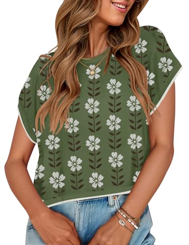 Image of ZESICA Women's Summer Trendy Knit Top 2026 Floral Print Short Sleeve Crewneck Loose Fit Sweater Vest Going Out Clothes