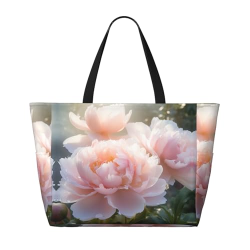 Garden Peony Print Large Capacity Foldable Washable Zipper Beach Travel Tote Bag ShoppingBag2